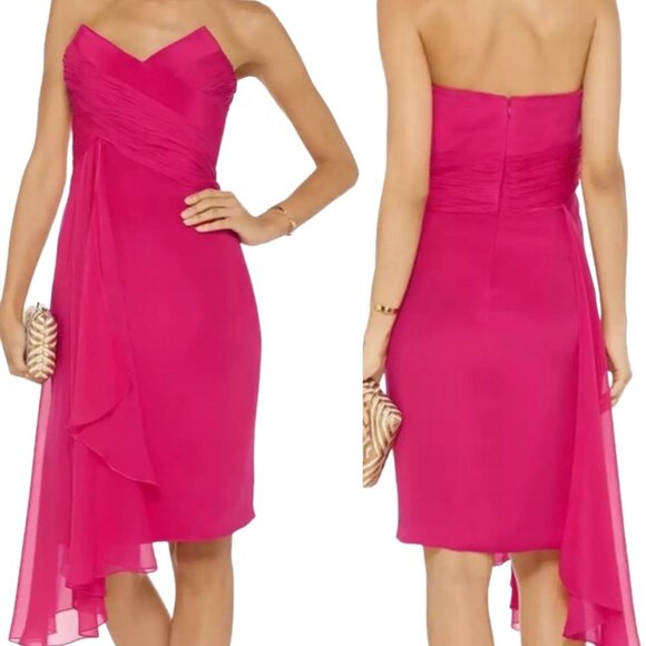 Marchesa Notte Strapless Asymmetrical Silk Chiffon Dress in Fuchsia Pink Size 10 - Picture 1 of 17